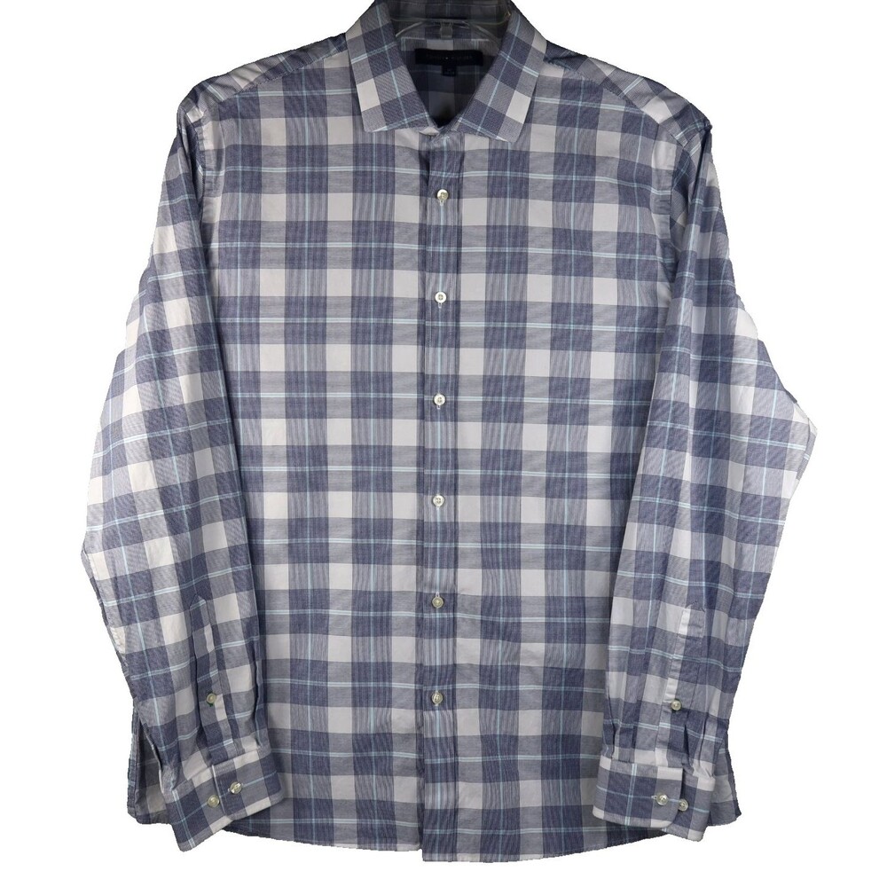 Tommy Hilfiger Long Sleeve Shirt Men's Size 17x34-35 Navy Plaid Slim Fit Cotton